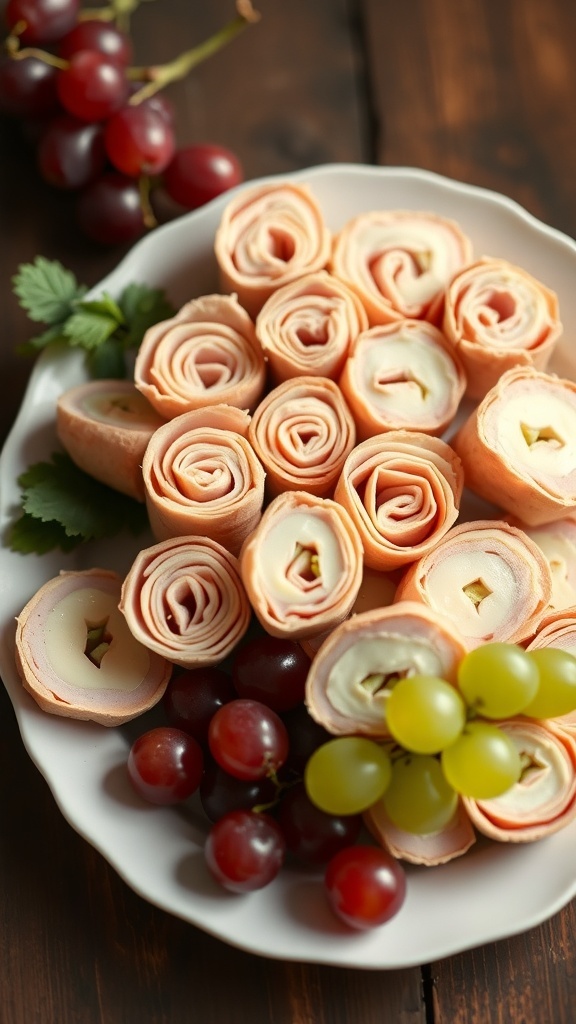 A plate of sliced turkey and cheese roll-ups with grapes