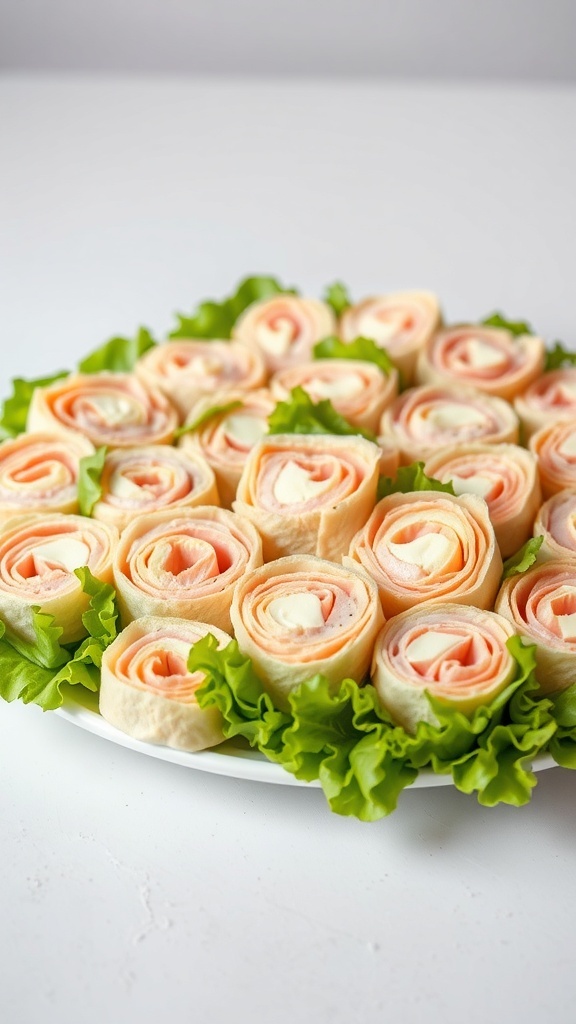 A platter of sliced turkey roll-ups arranged with lettuce.