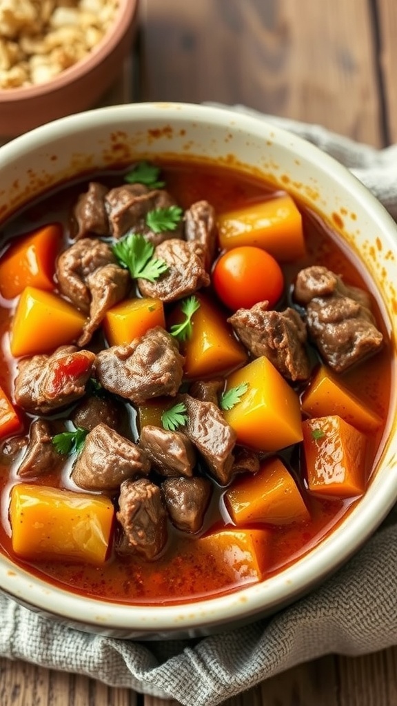 A bowl of slow cooker beef stew with chunks of beef, potatoes, and carrots.