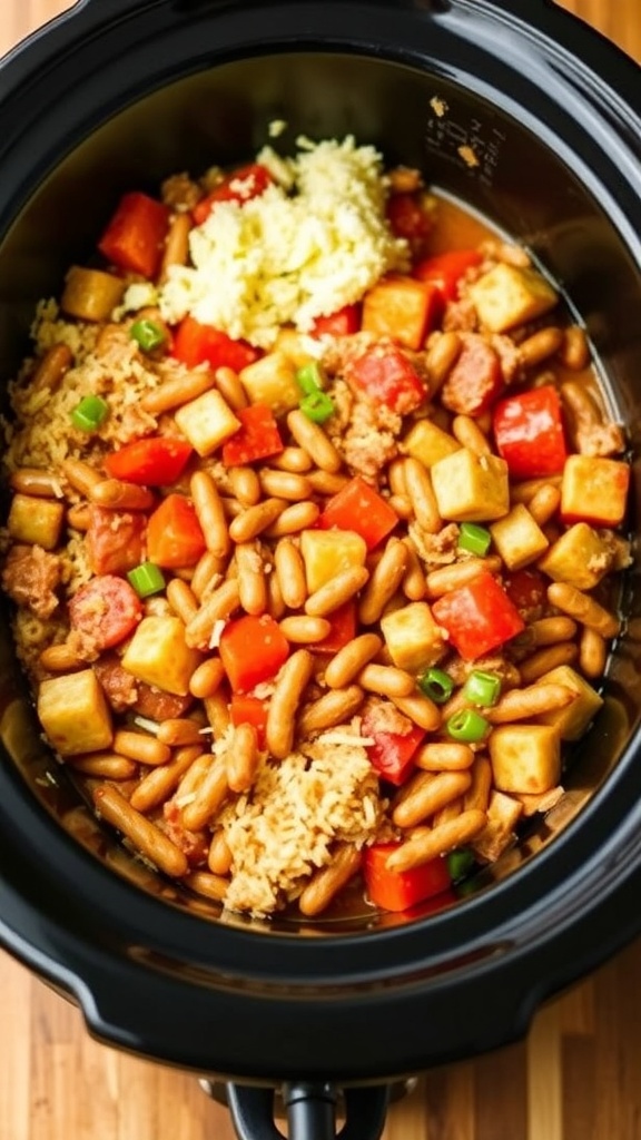 A slow cooker filled with colorful ingredients for jambalaya, including chicken, carrots, and spices.