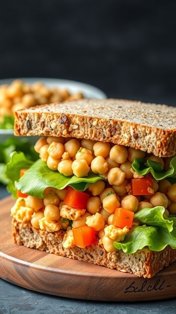 A delicious Smashed Chickpea Salad Sandwich stacked high with chickpeas and lettuce on whole grain bread.