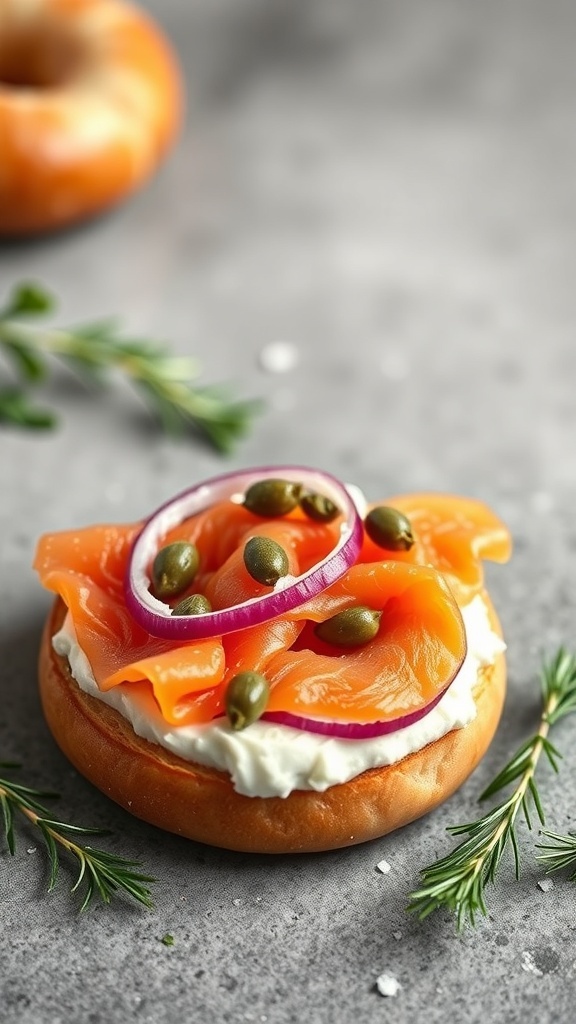 A smoked salmon and cream cheese bagel topped with red onion and capers, garnished with fresh herbs.