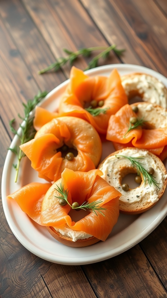 A platter of smoked salmon and cream cheese bagels garnished with herbs.
