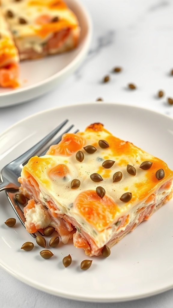A slice of smoked salmon and cream cheese casserole topped with pumpkin seeds on a white plate.