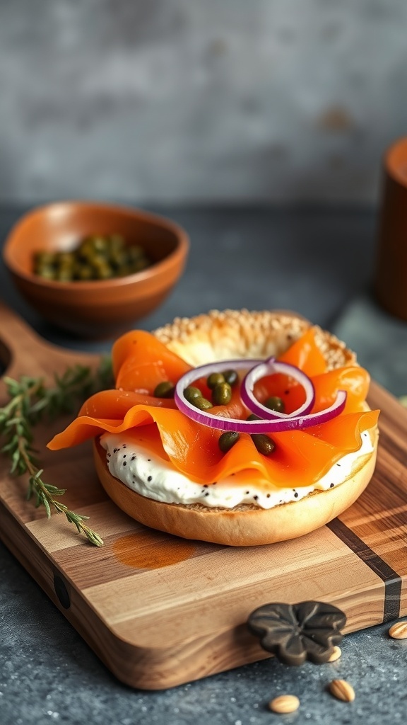 A smoked salmon bagel sandwich with cream cheese, red onion, and capers on a wooden board.