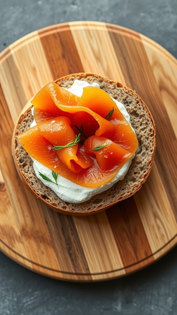 A whole wheat bagel topped with cream cheese and smoked salmon, garnished with fresh dill on a wooden cutting board.