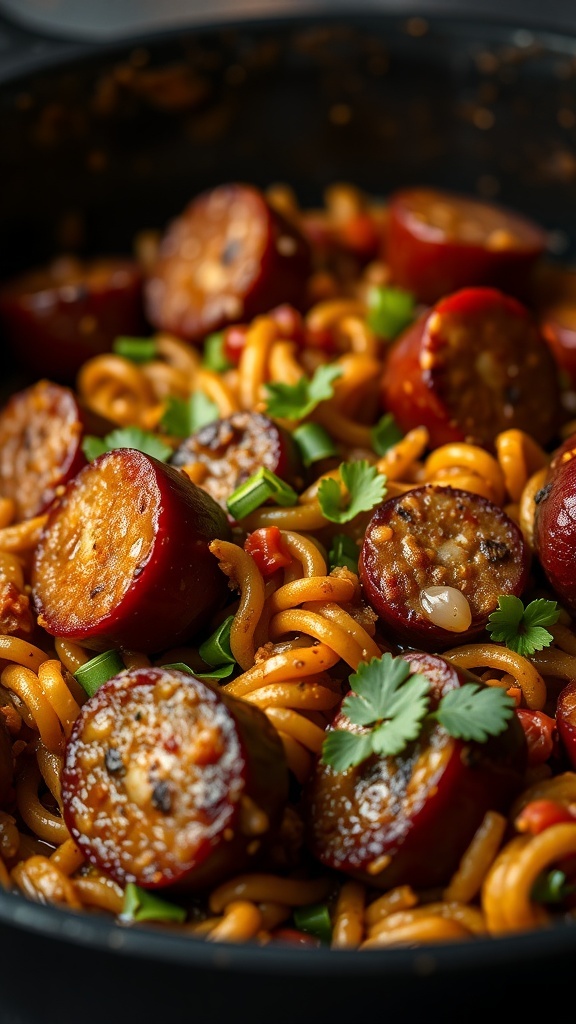 A vibrant bowl of smoky Andouille sausage jambalaya with pasta, garnished with fresh herbs.