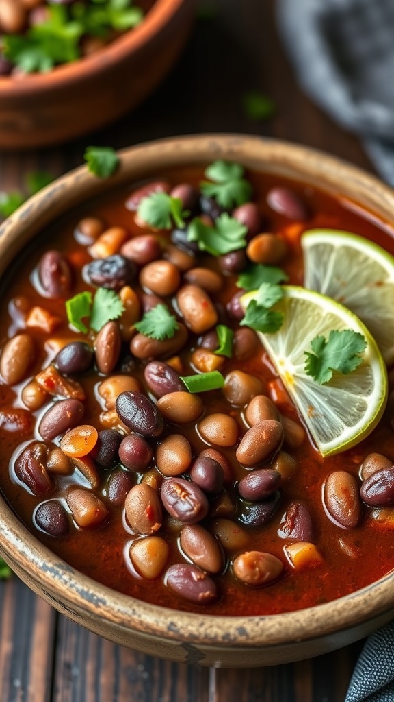 A bowl of smoky chipotle black bean chili topped with cilantro and a lime wedge, with a bowl of fresh cilantro in the background.
