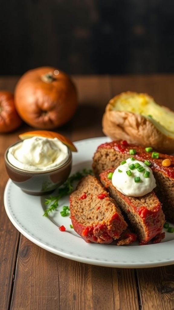 A plate of smoky paprika meatloaf sliced, served with mashed potatoes and a baked potato, garnished with chives.