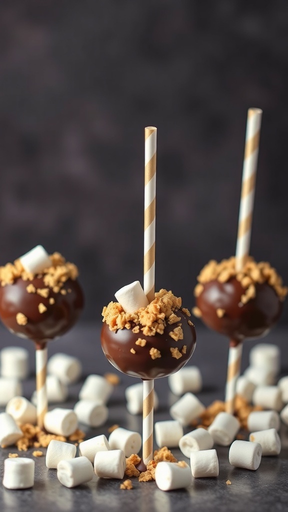S'mores cake pops with chocolate coating, graham cracker crumbs, and mini marshmallows on top.