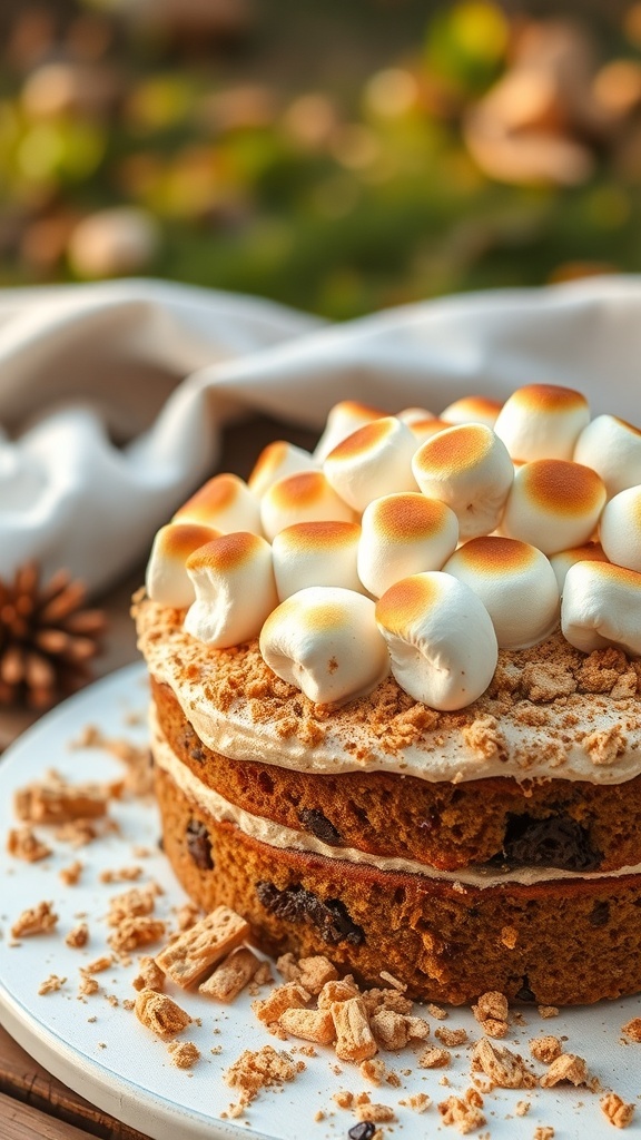 A S'mores cake topped with toasted marshmallows and crushed graham crackers.