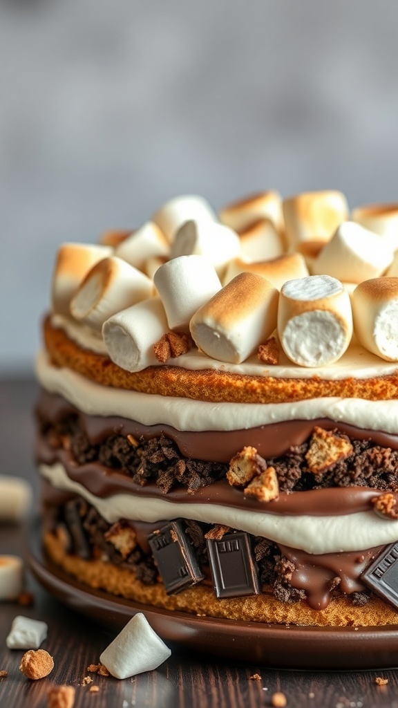 A delicious S'mores cake topped with toasted marshmallows, showcasing layers of chocolate and graham crackers.