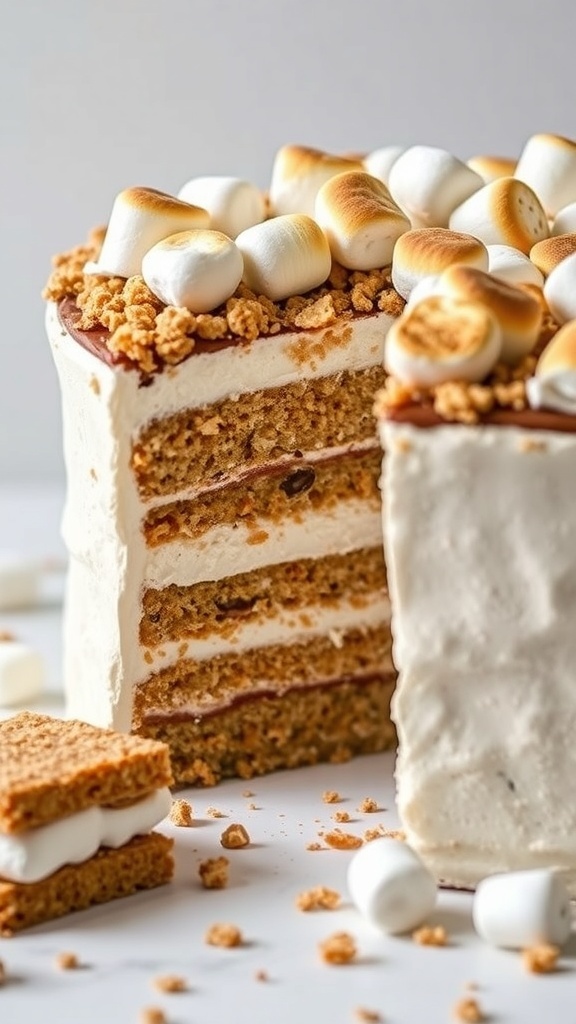 A delicious S'mores cake with layers of graham cracker, chocolate ganache, and toasted marshmallows on top.