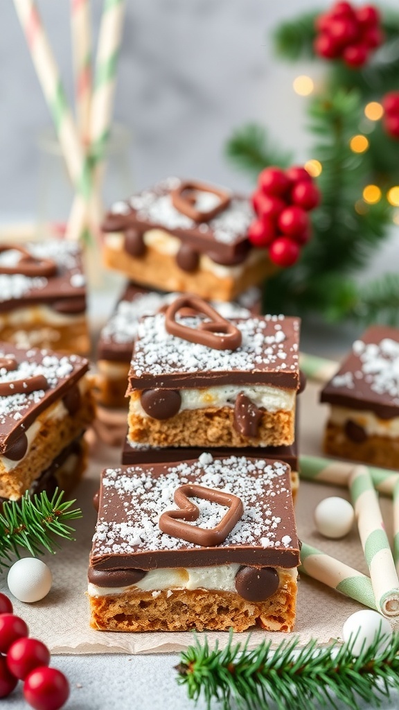 Delicious S'mores Christmas Bars topped with chocolate and festive decorations.