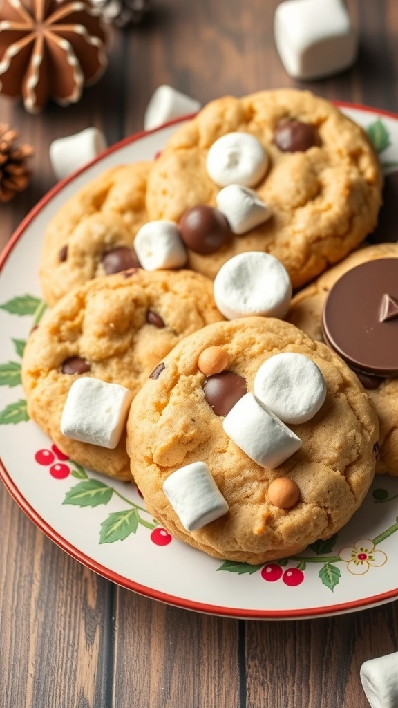 A plate of S'mores Christmas Cookies topped with marshmallows and chocolate.