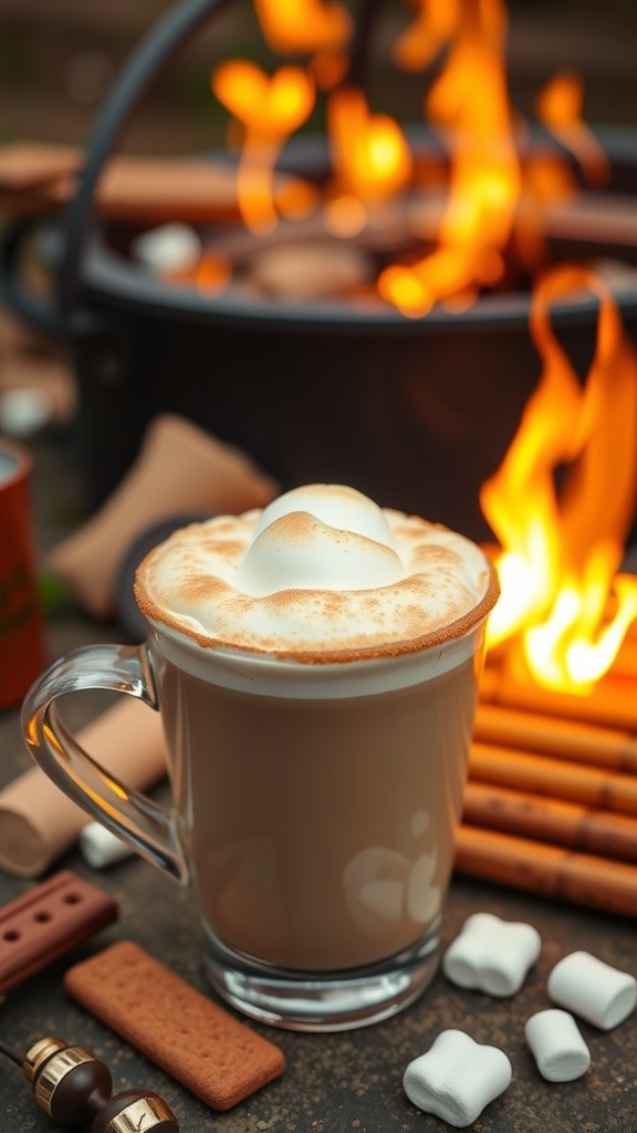 A cozy cup of s'mores coffee topped with a toasted marshmallow, surrounded by graham crackers and chocolate.