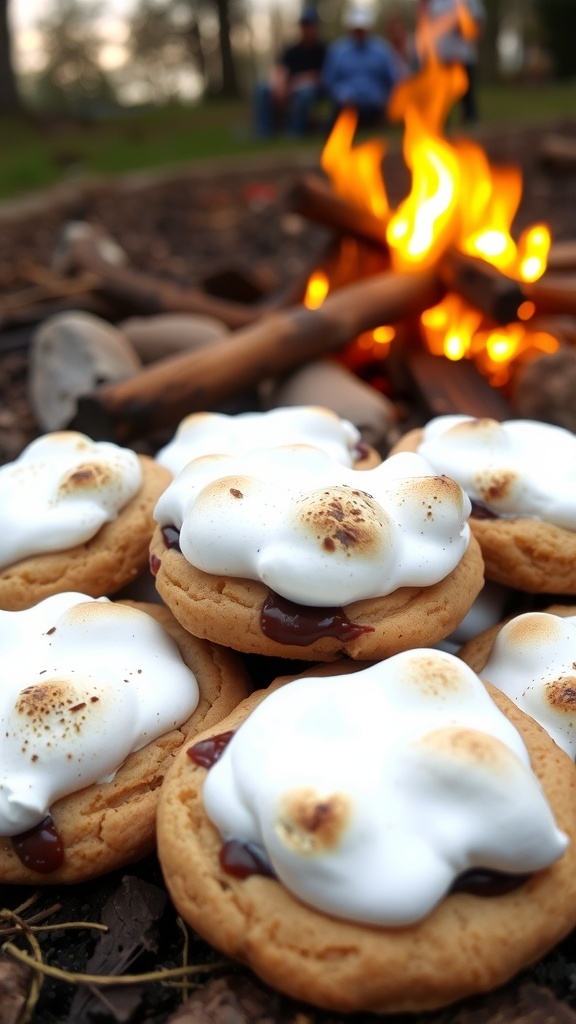 Delicious s'mores cookies with toasted marshmallows and chocolate, placed near a campfire
