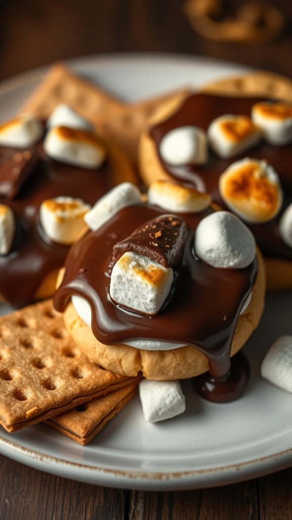 Delicious S'mores Cookies topped with chocolate and marshmallows on a plate.