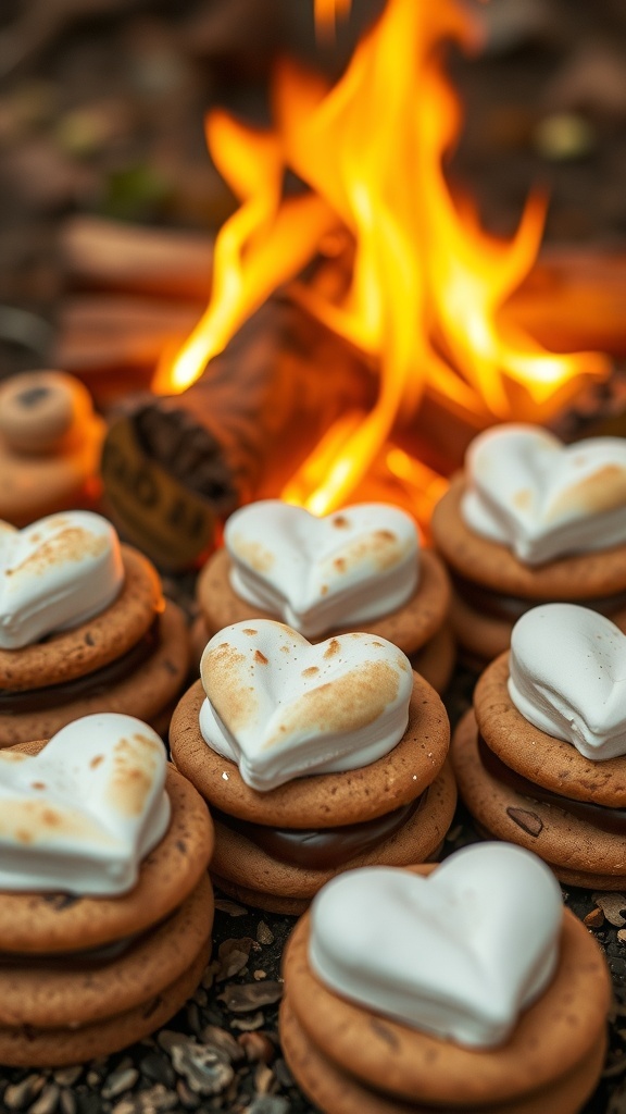 S'mores cookies with heart-shaped marshmallows beside a campfire
