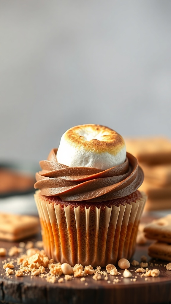 Delicious s'mores cupcakes topped with chocolate frosting and toasted marshmallows