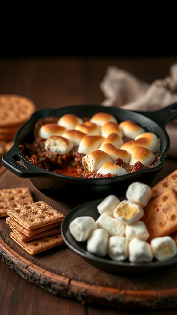 A cast iron skillet filled with melted chocolate and toasted marshmallows, surrounded by graham crackers.