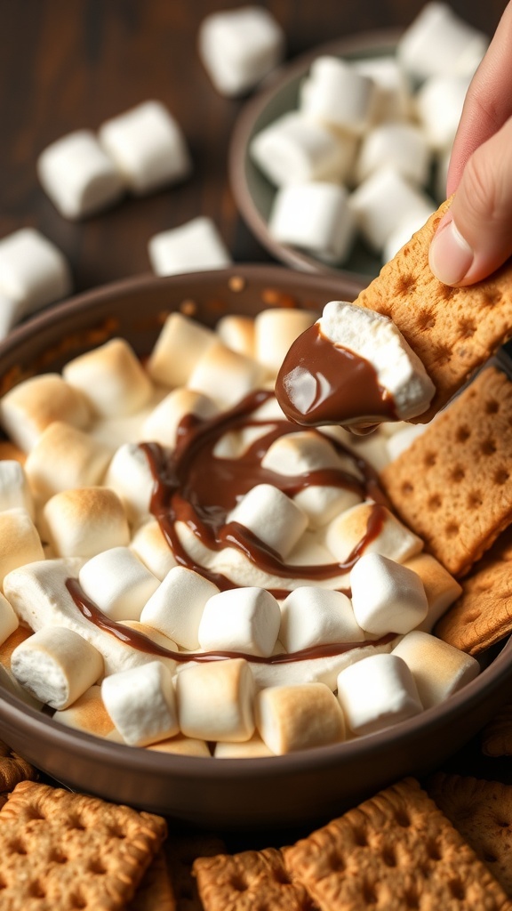 A bowl of s'mores dip with graham crackers and marshmallows