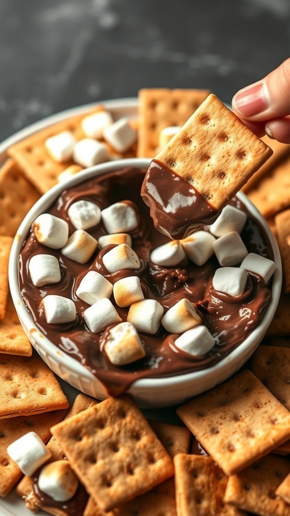 A bowl of melted chocolate topped with marshmallows, surrounded by graham crackers.