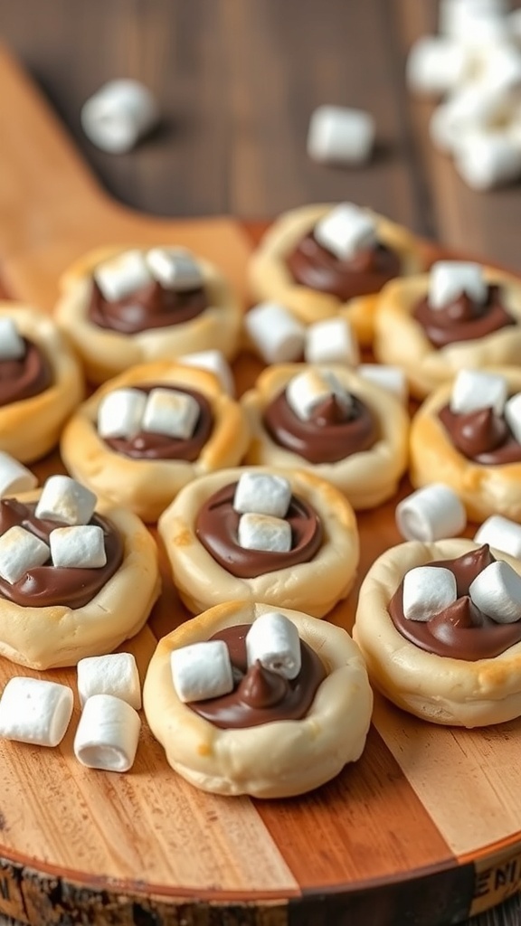 Delicious S'mores Puff Pastry Bites topped with chocolate and marshmallows on a wooden board.