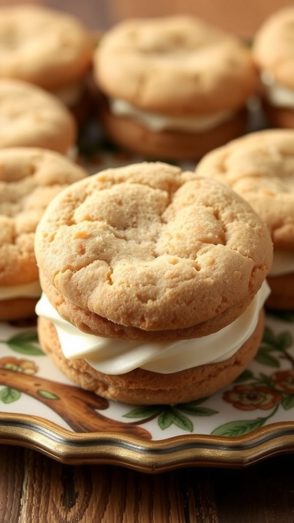 A plate of snickerdoodle cookie sandwiches with creamy filling