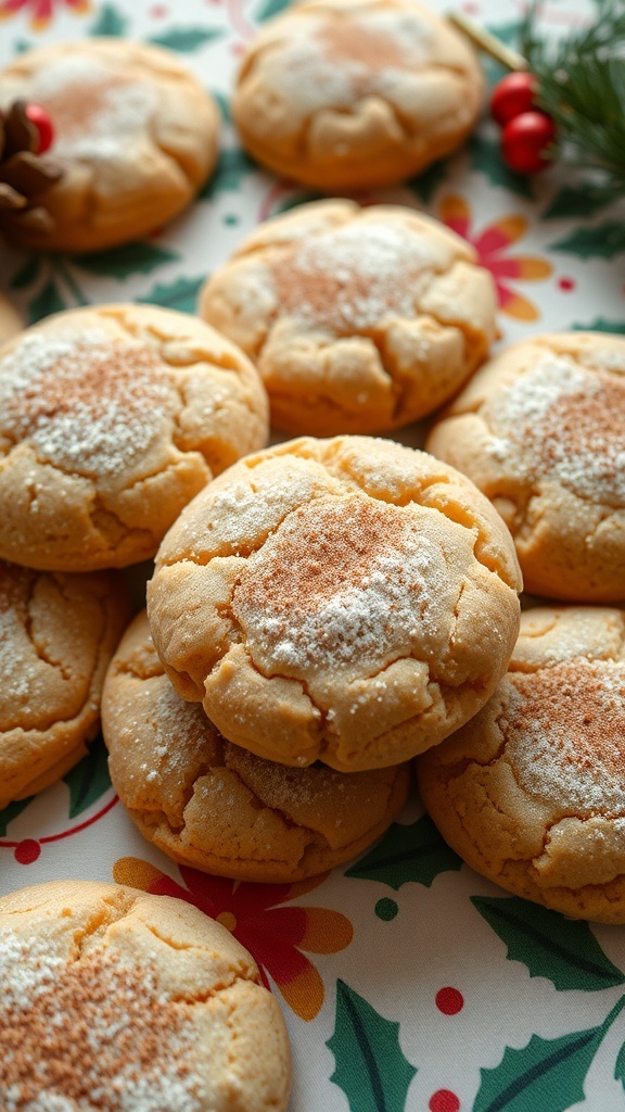 A pile of freshly baked snickerdoodle cookies dusted with powdered sugar on a festive table.
