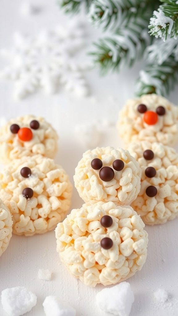 Snowman Rice Krispie Treats decorated with chocolate candies and orange noses