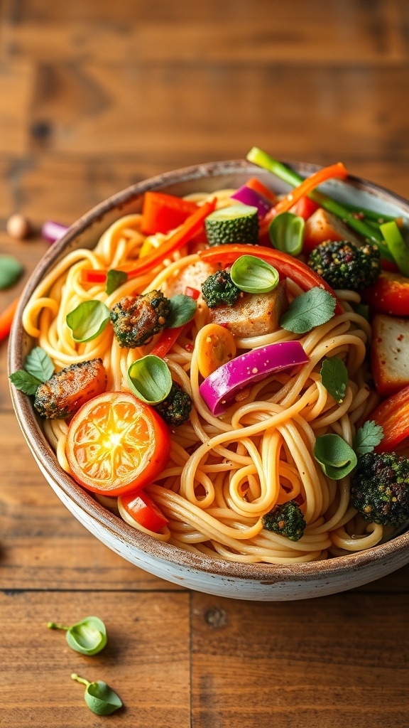 A bowl of soba noodle salad with colorful vegetables and herbs