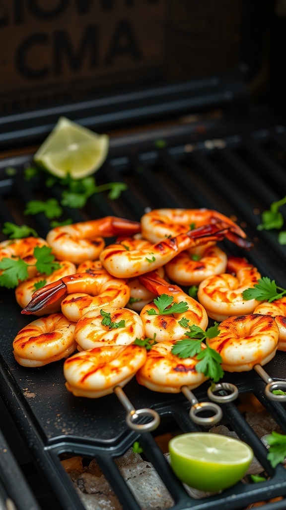 Grilled shrimp skewers garnished with cilantro and lime