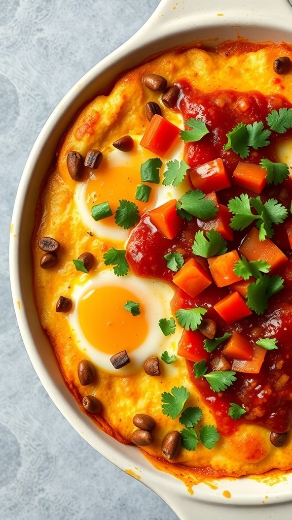 A Southwestern breakfast casserole topped with salsa, diced peppers, and cilantro.
