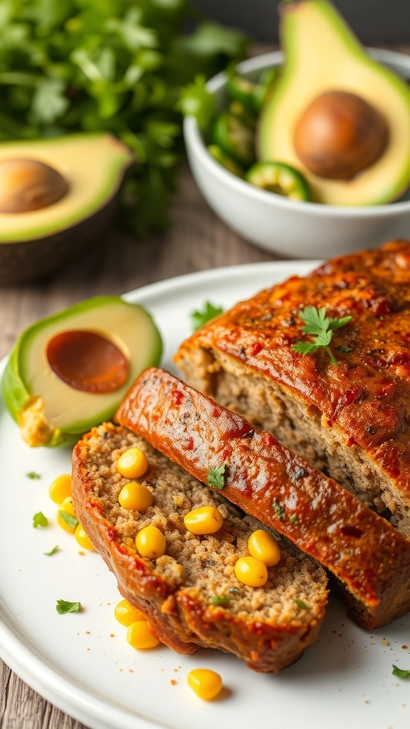 A sliced Southwestern meatloaf with corn, garnished with cilantro, served with avocados and jalapeños.
