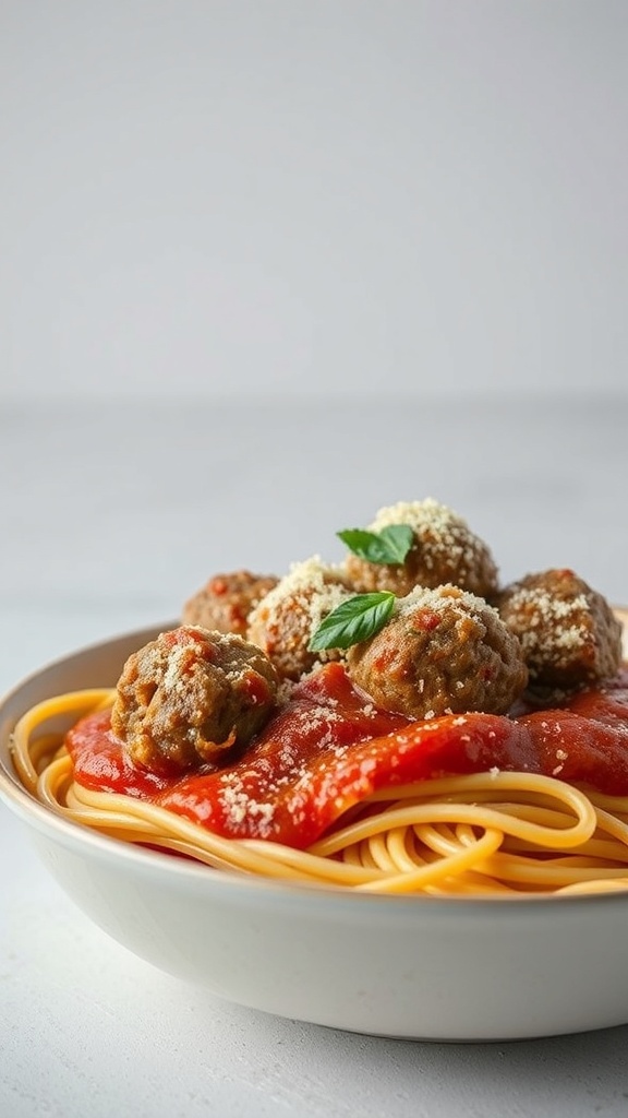 A bowl of spaghetti topped with meatballs and tomato sauce, garnished with cheese and basil.