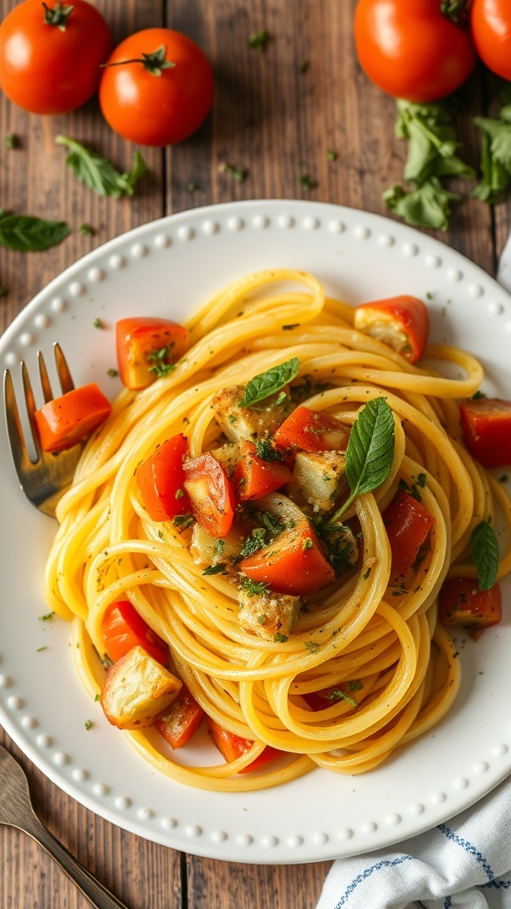 A plate of spaghetti squash primavera with fresh vegetables and herbs