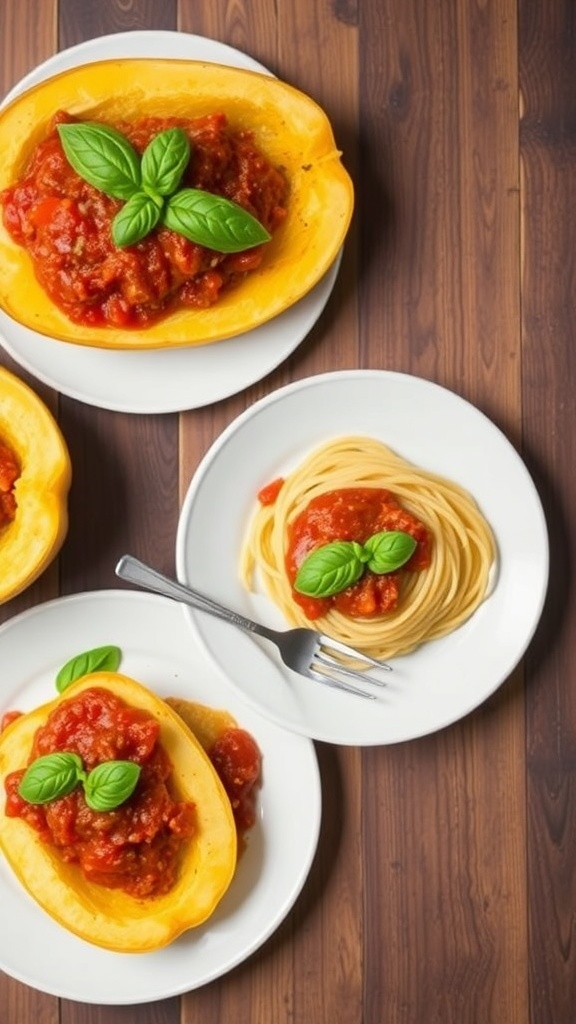 A plate of spaghetti squash topped with marinara sauce and fresh basil leaves, served alongside a portion of traditional spaghetti.