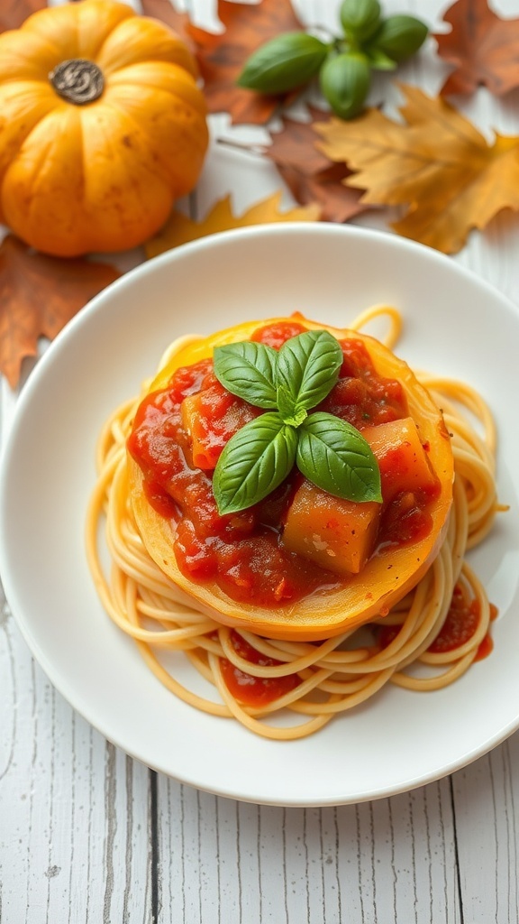 A plate of spaghetti squash topped with marinara sauce and fresh basil, with a pumpkin and autumn leaves in the background.