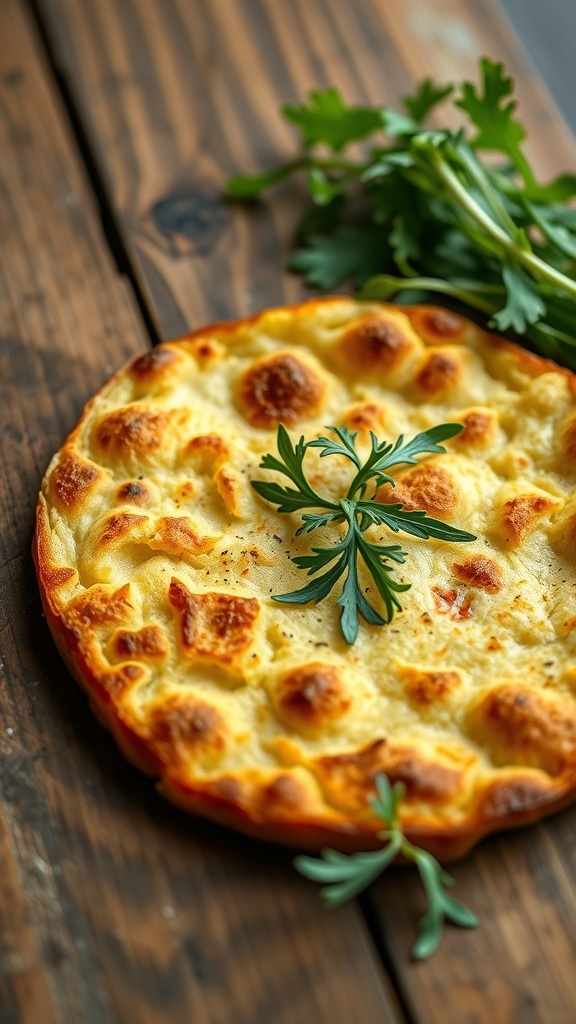 A golden Spanish tortilla garnished with fresh cilantro on a wooden table.