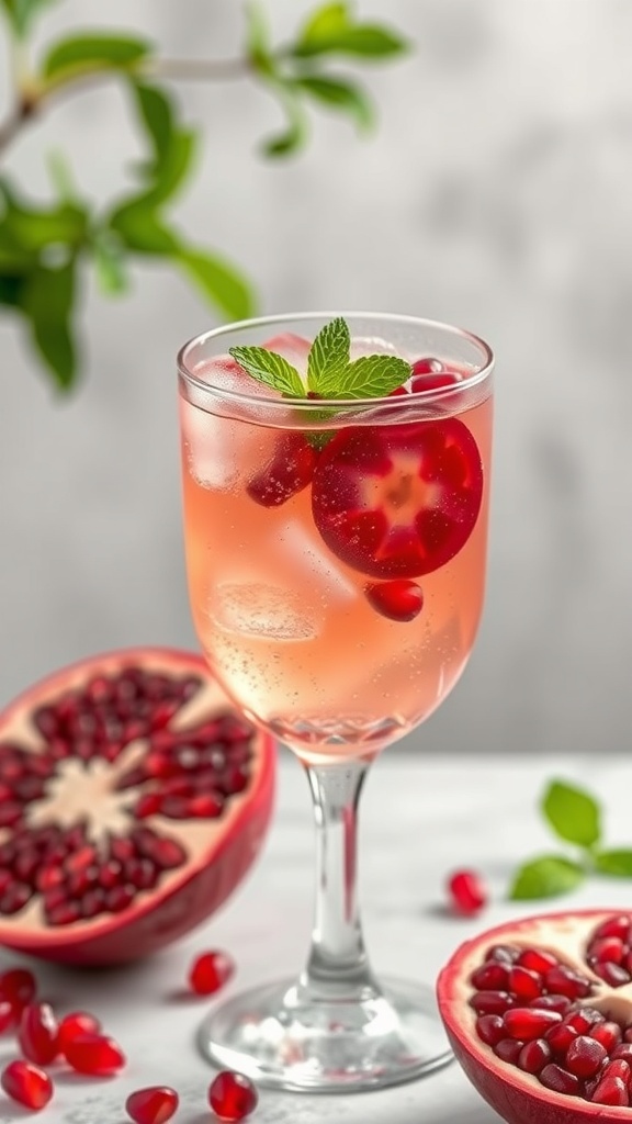 A glass of sparkling pomegranate punch garnished with mint and pomegranate seeds, surrounded by pomegranate halves.