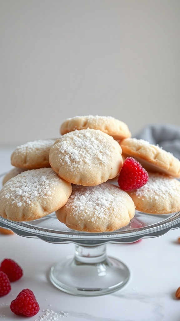 A plate of sparkling raspberry almond cookies, dusted with powdered sugar and garnished with fresh raspberries.