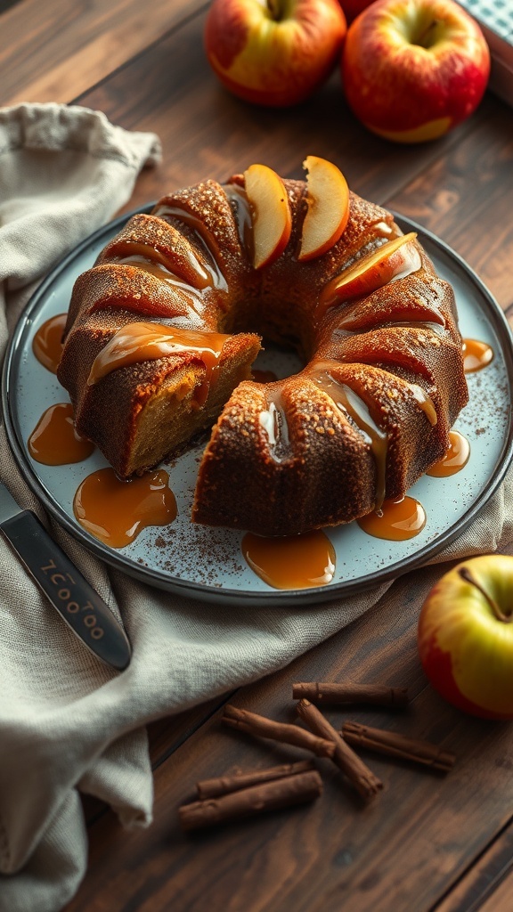 Spiced apple cake with caramel drizzle, topped with apple slices, on a wooden table with apples and cinnamon sticks.