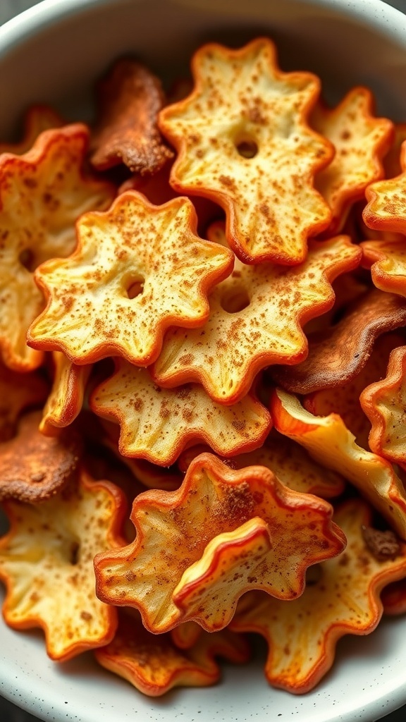 A bowl of spiced apple chips shaped like leaves, lightly dusted with cinnamon.