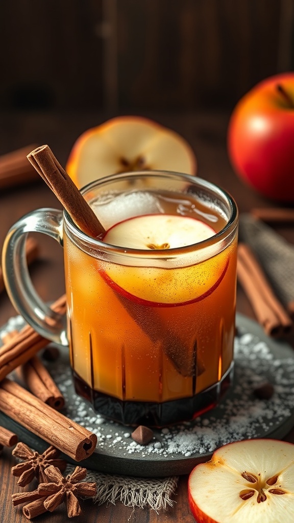 A glass of spiced apple cider with a cinnamon stick and apple slice, surrounded by cinnamon sticks and star anise.