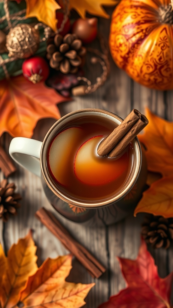 A cozy mug of spiced apple cider with cinnamon sticks, surrounded by autumn leaves and holiday decorations.