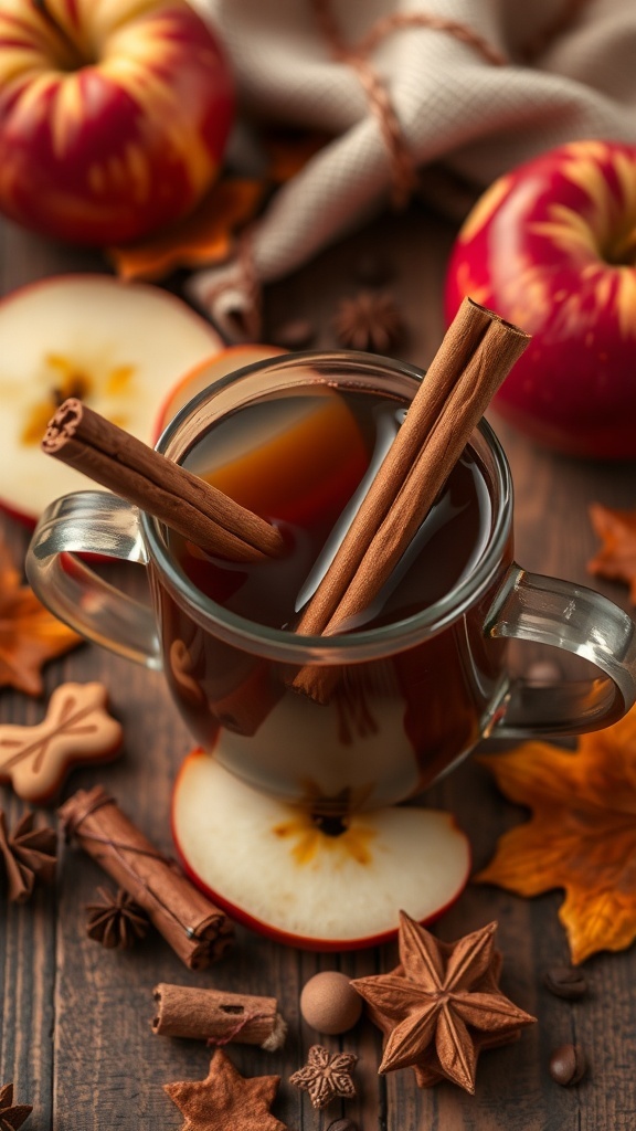 A cozy cup of spiced apple cider with cinnamon sticks, surrounded by apples and autumn leaves.