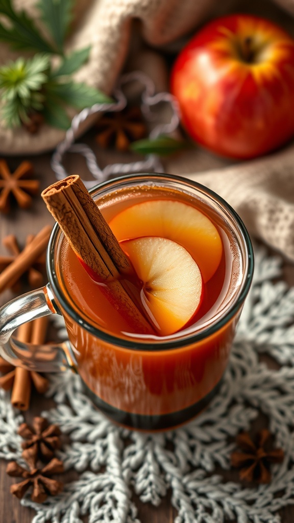 A warm mug of spiced apple cider with apple slices and cinnamon sticks, surrounded by festive decorations.