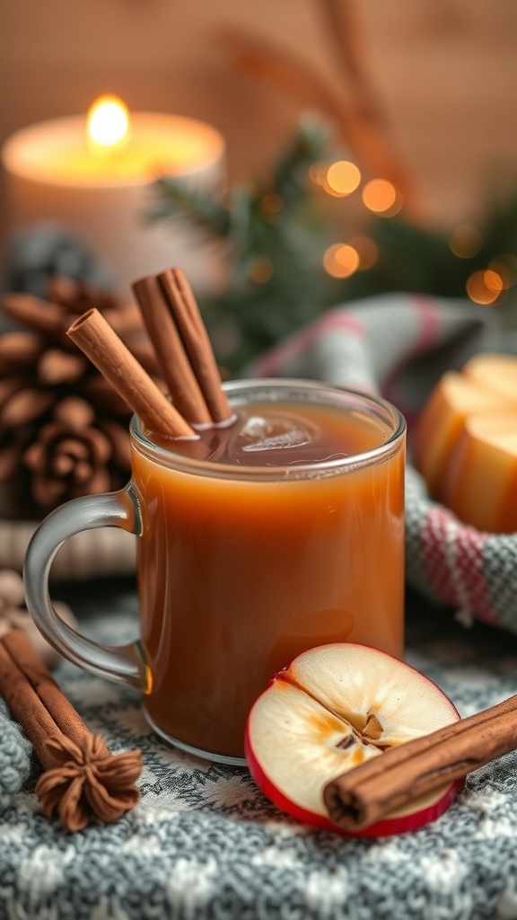 A cozy mug of spiced apple cider with cinnamon sticks and a slice of apple, surrounded by festive decorations.