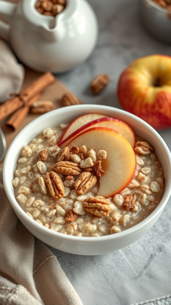 A bowl of spiced apple oatmeal topped with apple slices and pecans, with a cozy fall setting.